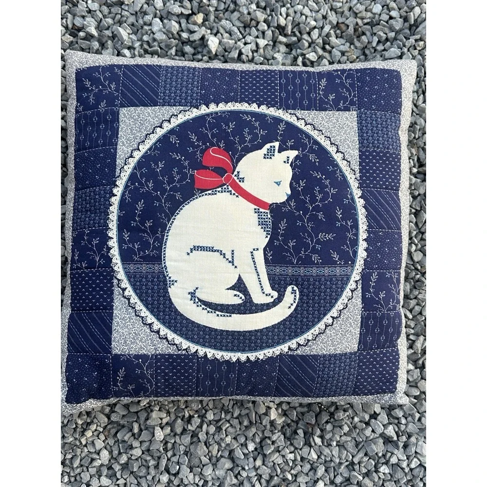 VTG Handmade Cat Throw Pillow Cranston Print Retro Blue Kitten Decorative Fabric
